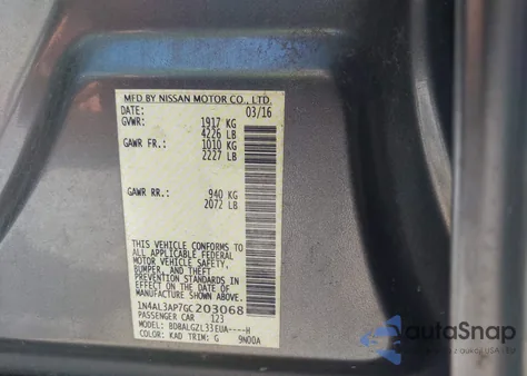 2016 Nissan Altima 2.5/S/Sv/Sl/Sr z USA, uszkodzony, nr VIN 1N4AL3AP7GC203068